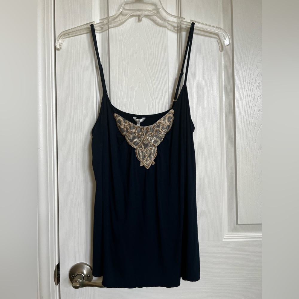 Beaded-sequins-lace-adjustable straps navy blue Camisole. Size: X-Large